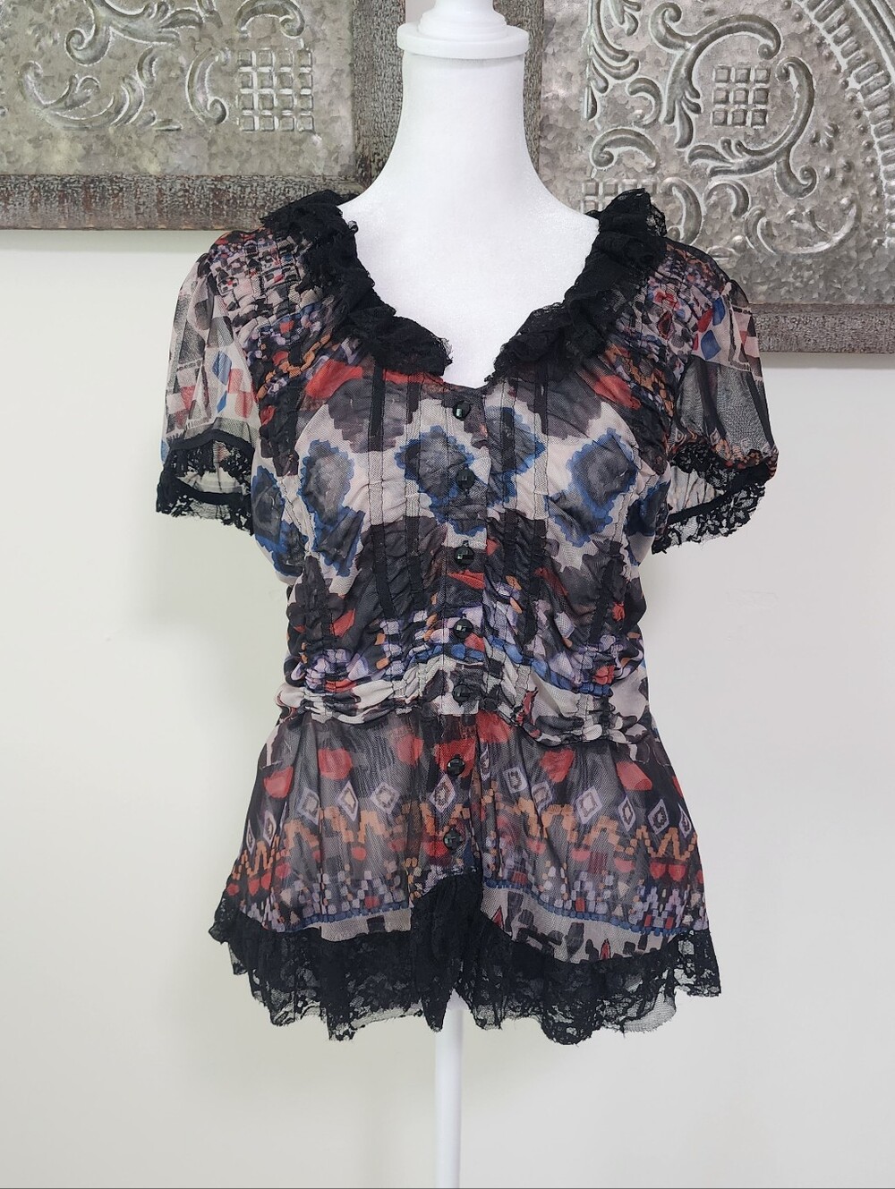 Y2K Lapis Sheer Lace-Trim Blouse in Multi-Color Large Going Out Top Layering